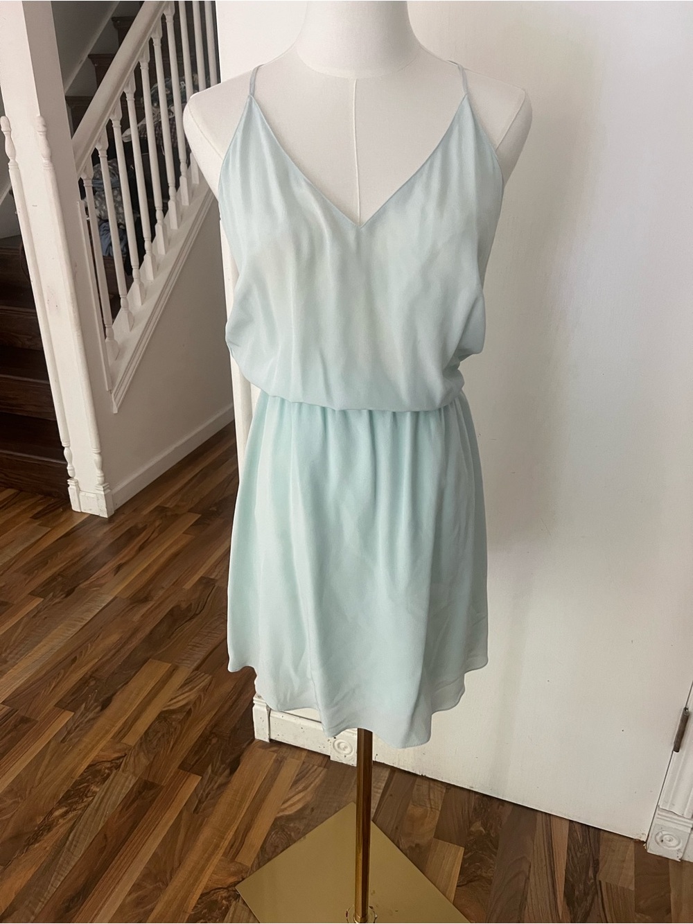 Light Sky Blue 100% Silk Light as air V-Neck Dress, partial lined, Small